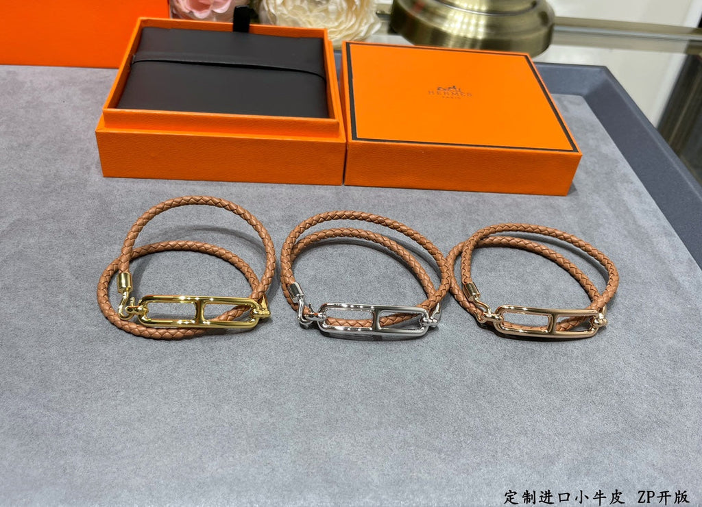 Hermes Roulis Double Tour Brown 18K Gold Bracelet