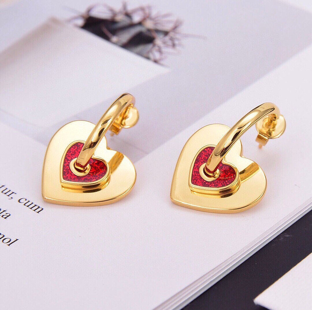 Celine Red Heart 18K Gold Earrings