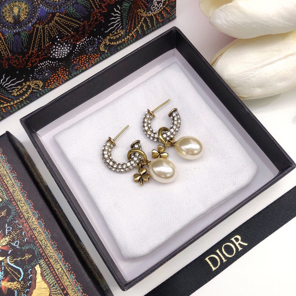 Dior March Grass Pearl Crystals 18K Gold Earrings