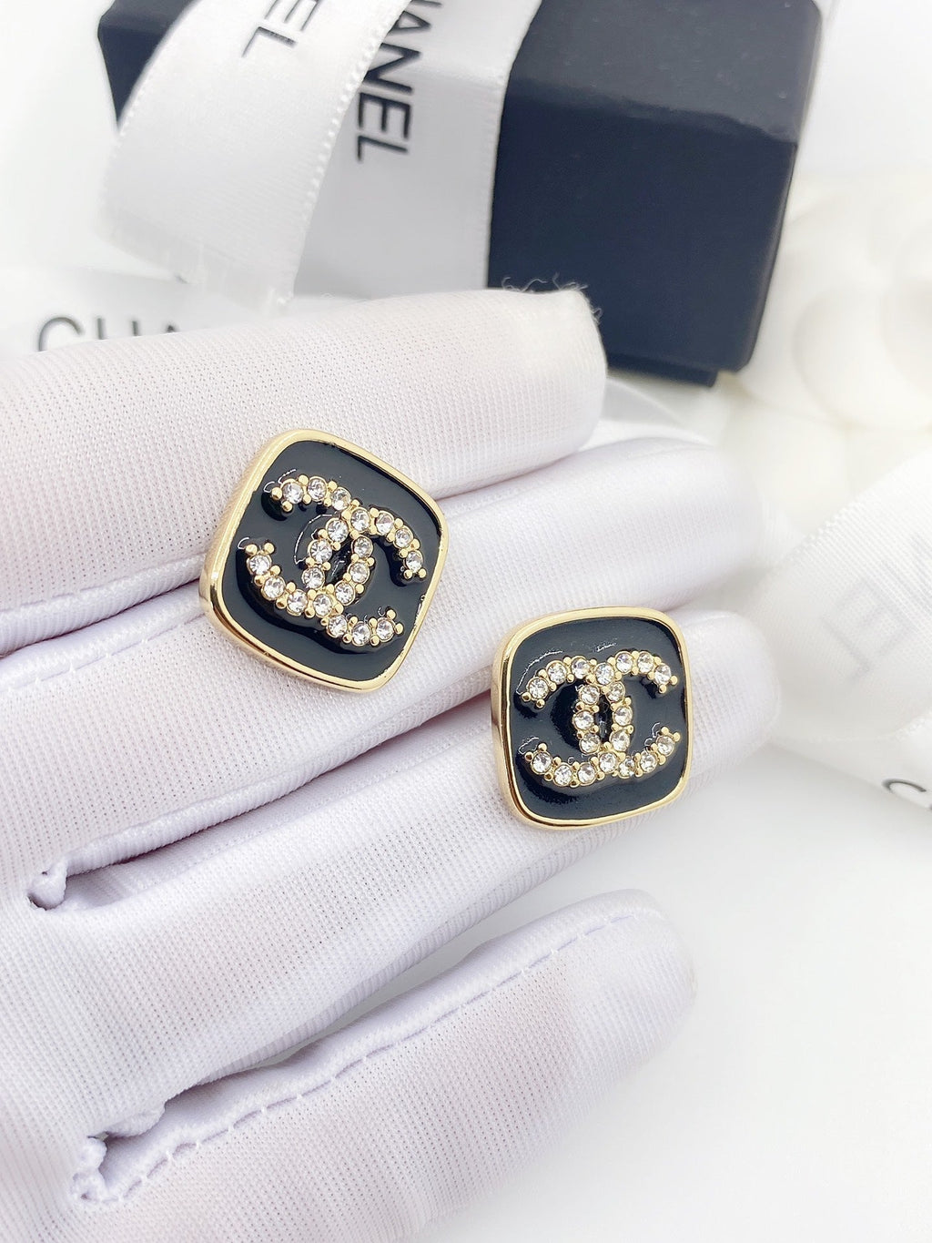 Chanel Square Resin Diamond 18K Gold Earrings