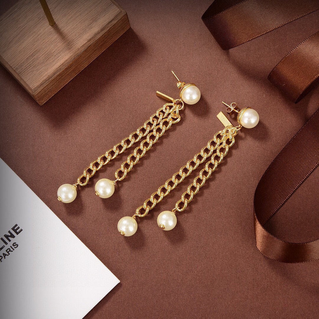 Celine Chain Pearl 18K Gold Earrings