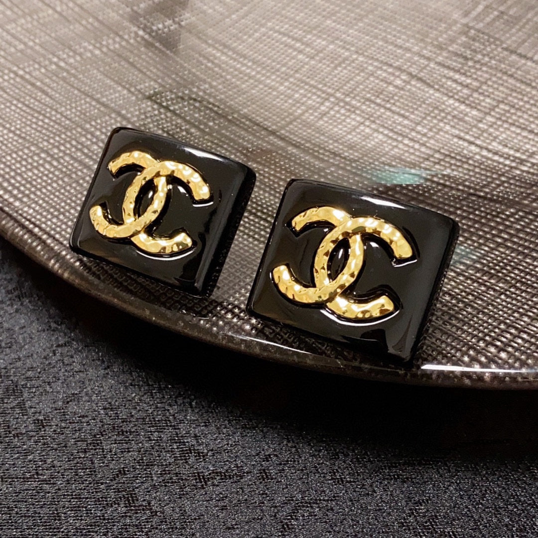 Chanel Black Resin Square 18K Gold Earrings