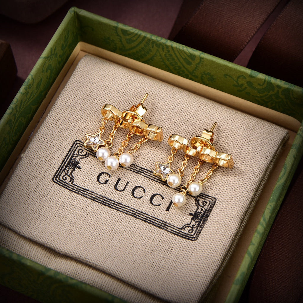 Gucci Double Script Pearl 18K Gold Earrings