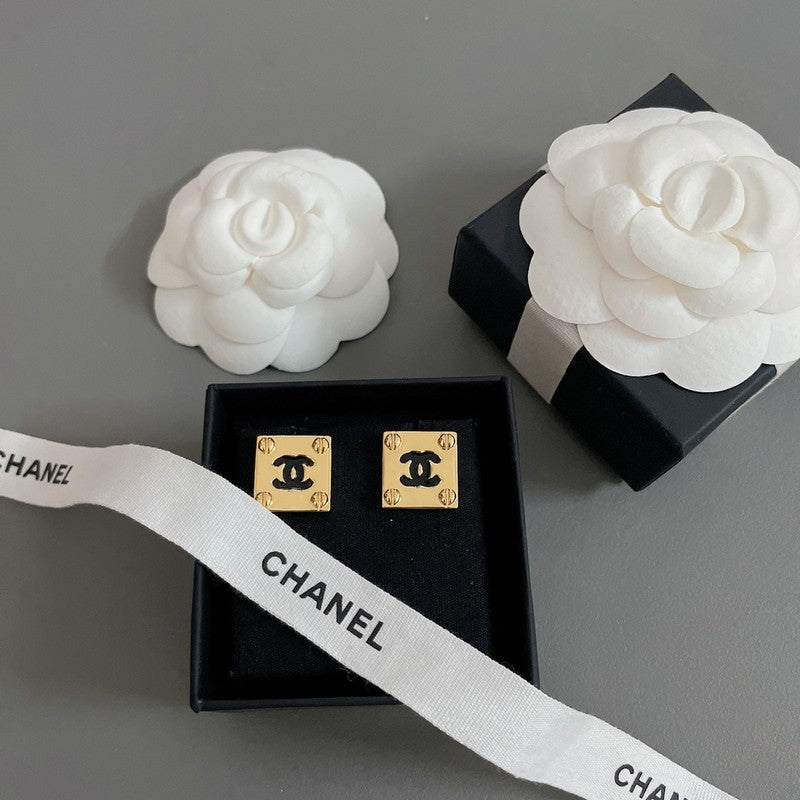 Chanel Black Gold Square 18K Gold Earrings