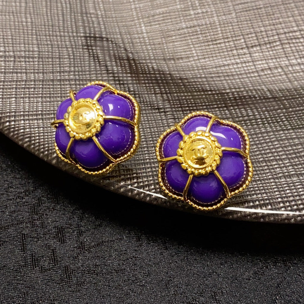 Chanel Purple Flowers 18K Gold Earrings