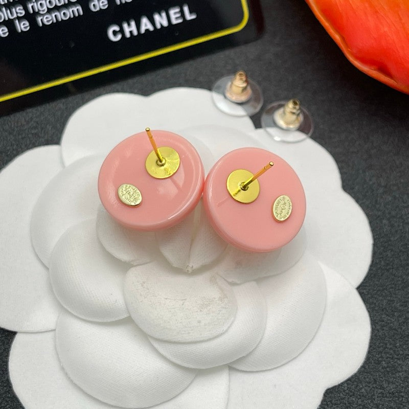 Chanel Pink Round 18K Gold Earrings
