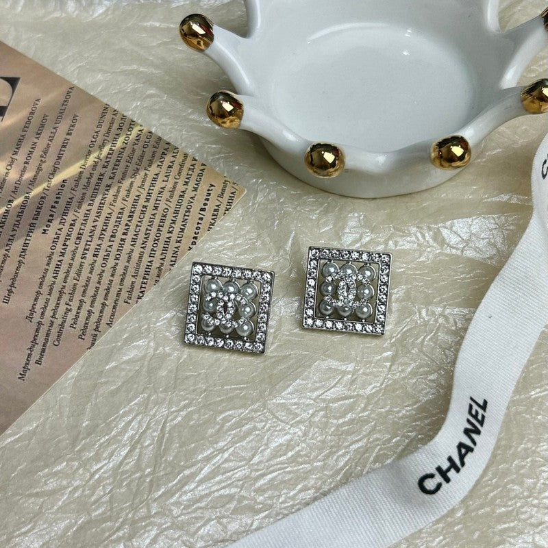 Chanel Diamond & Pearl Square 18K Gold Earrings