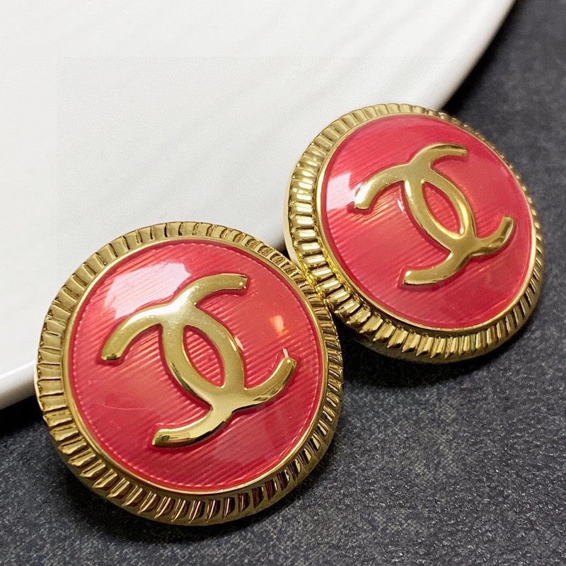 Chanel Pink Round 18K Gold Earrings