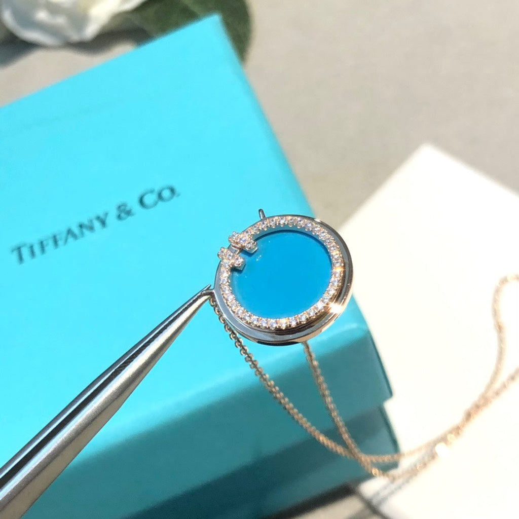 Tiffany Diamond & Turquoise Circle Pendant 18K Gold Necklace