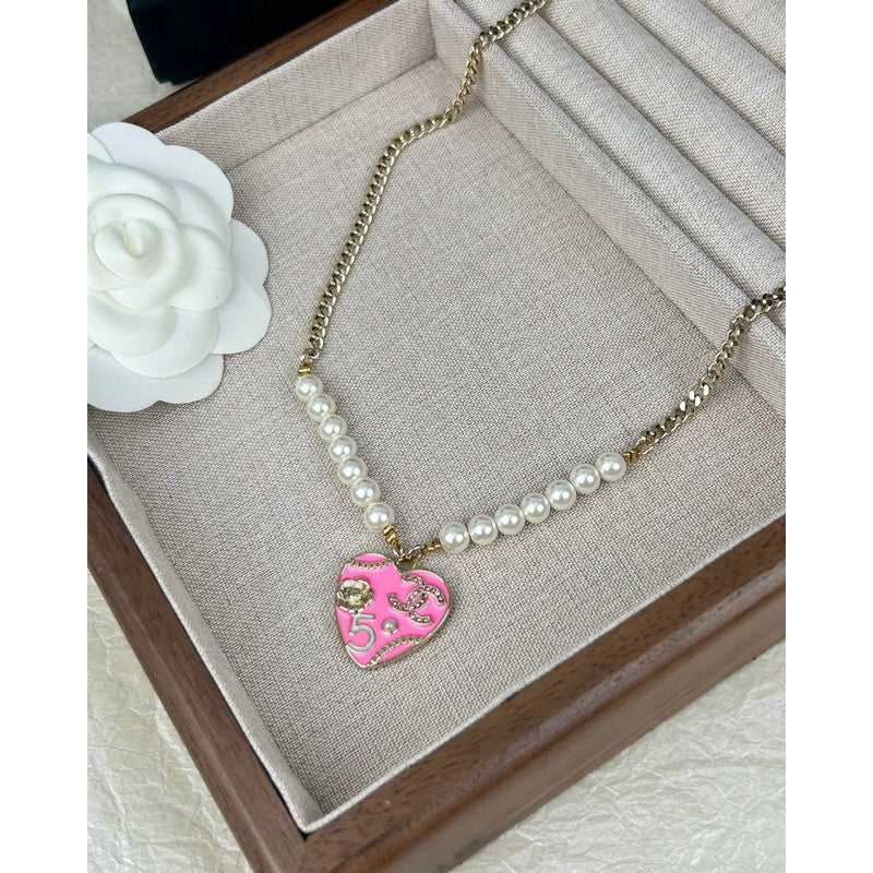 Chanel Pink & Black Heart Pearl 18K Gold Necklace