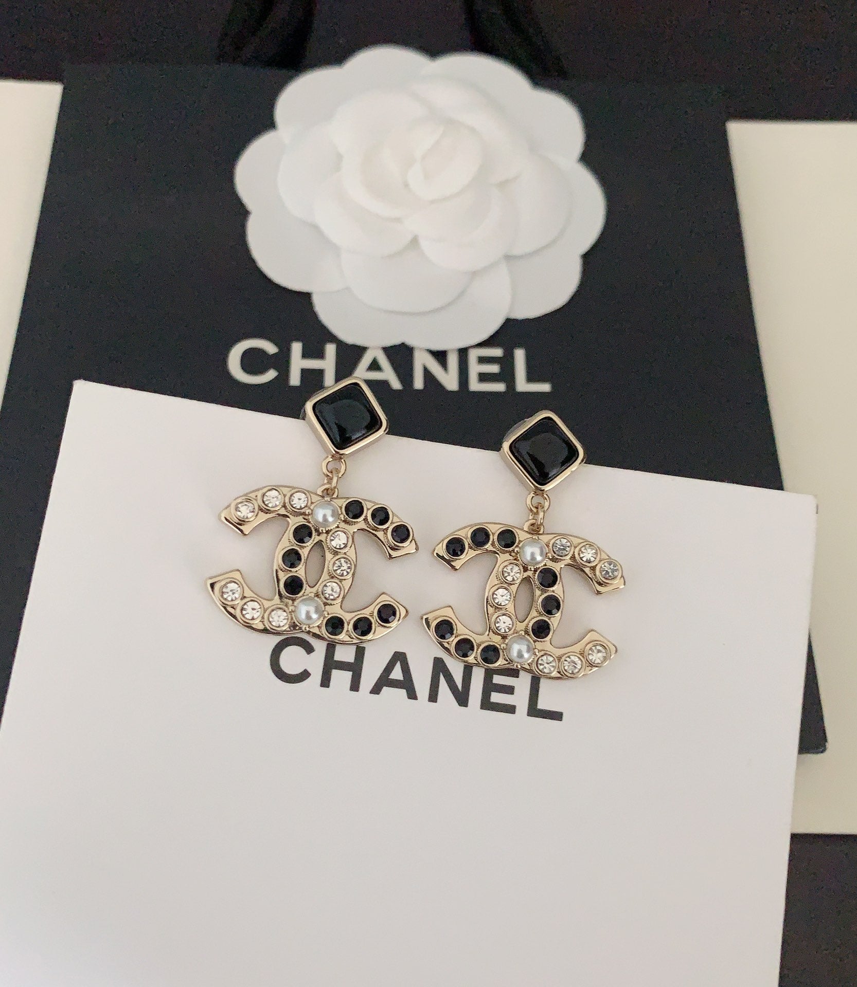 Chanel Black Crystals 18K Gold Earrings