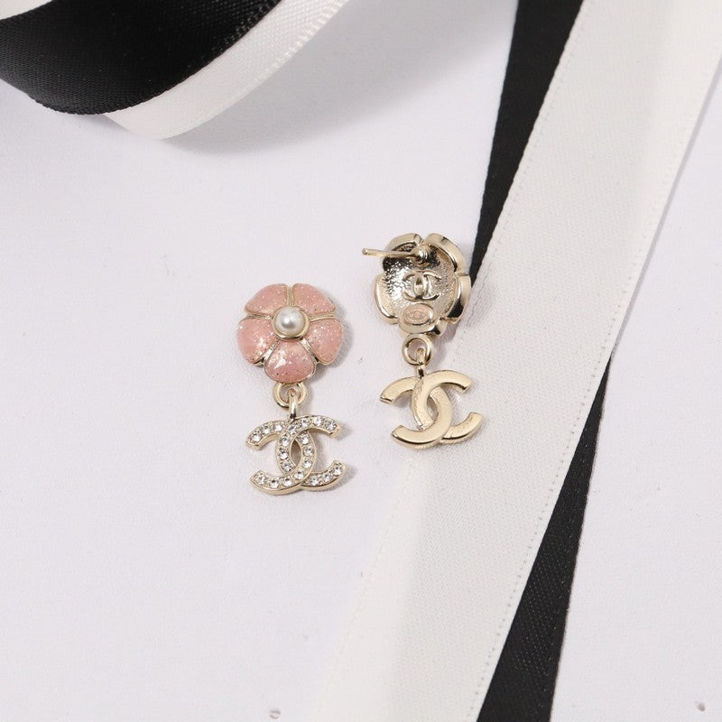 Chanel Black & Pink Camellia Diamond 18K Gold Earrings