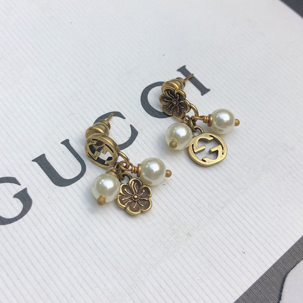 Gucci Double Flower & Pearl Pendant 18K Gold Earrings