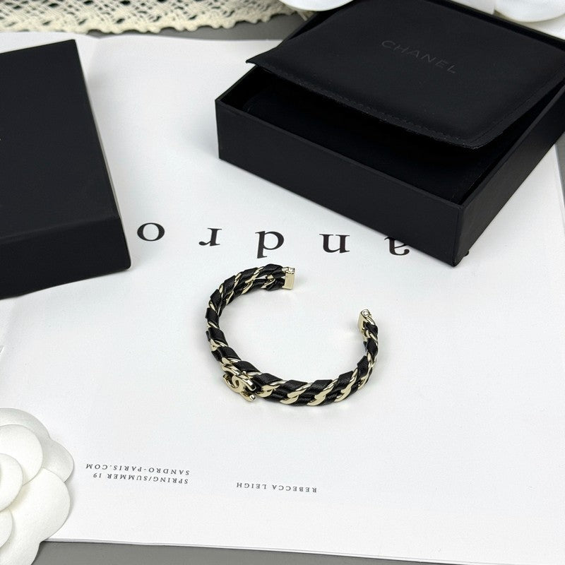 Chanel 26C Black Leather Cuff 18K Gold Bracelet