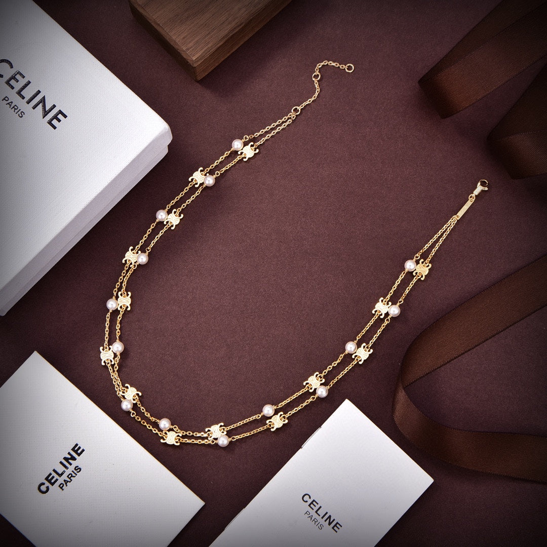 Celine Pearl Double 18K Gold Necklace