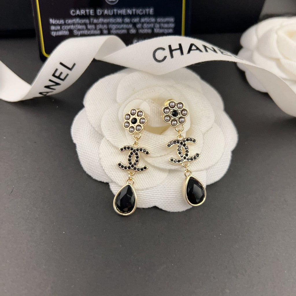 Chanel Black Crystals 18K Gold Earrings