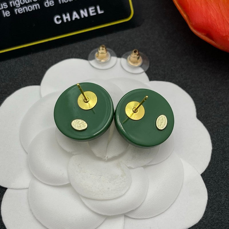 Chanel Green Round 18K Gold Earrings