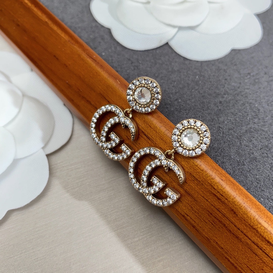 Gucci Double Crystal Pendant 18K Gold Earrings