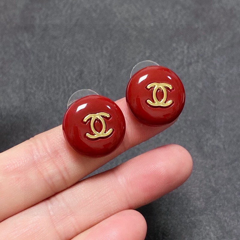 Chanel Wine Red Round 18K Gold Earrings