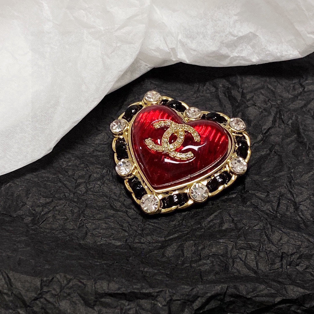 Chanel Red Crystal Heart 18K Gold Brooch