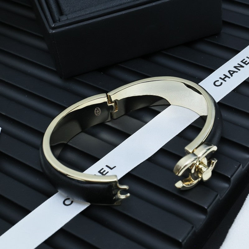 Chanel Black Leather Cuff 18K Gold Bracelet