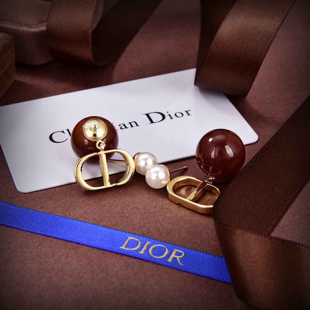 Dior Tribales Brown Resin Pearls 18K Gold Earrings