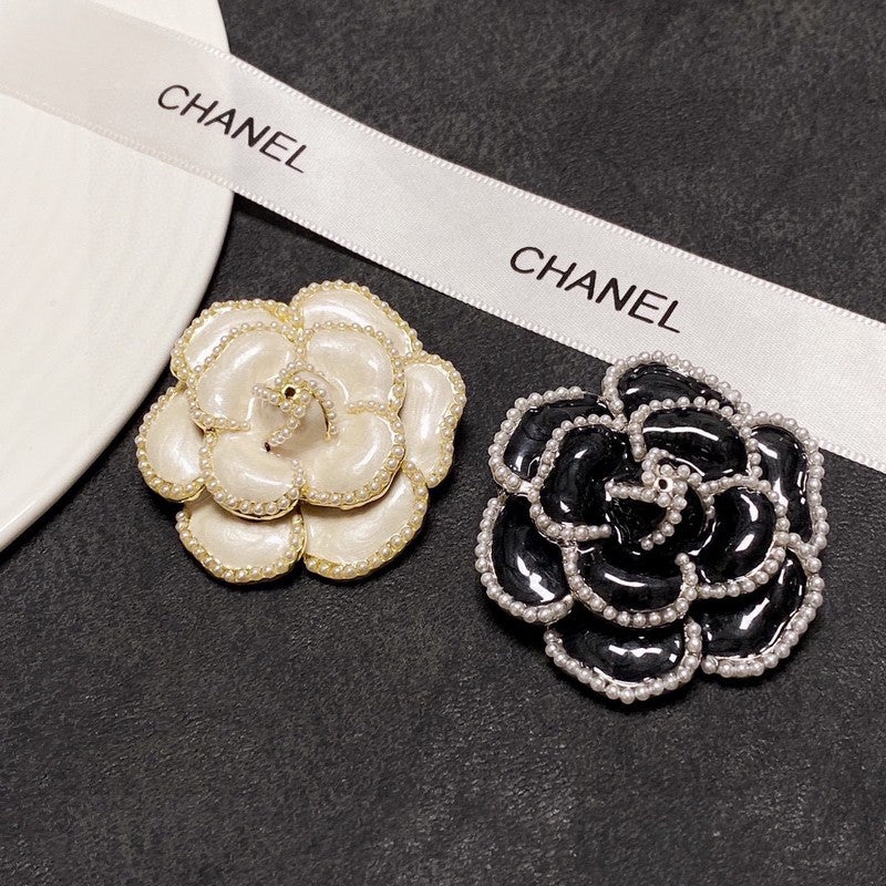 Chanel Camellia Black & White 18K Gold Brooch