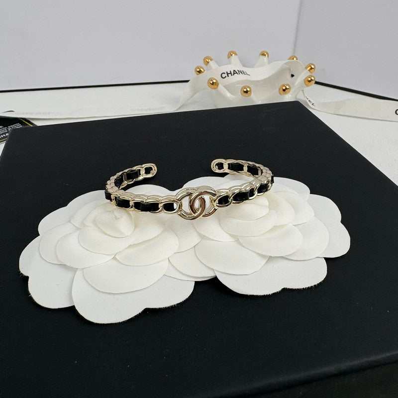 Chanel Black Leather Cuff 18K Gold Bracelet
