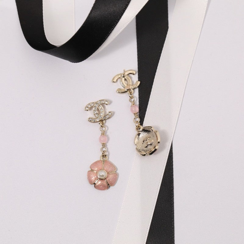 Chanel Black & Pink Camellia Diamond Long 18K Gold Earrings
