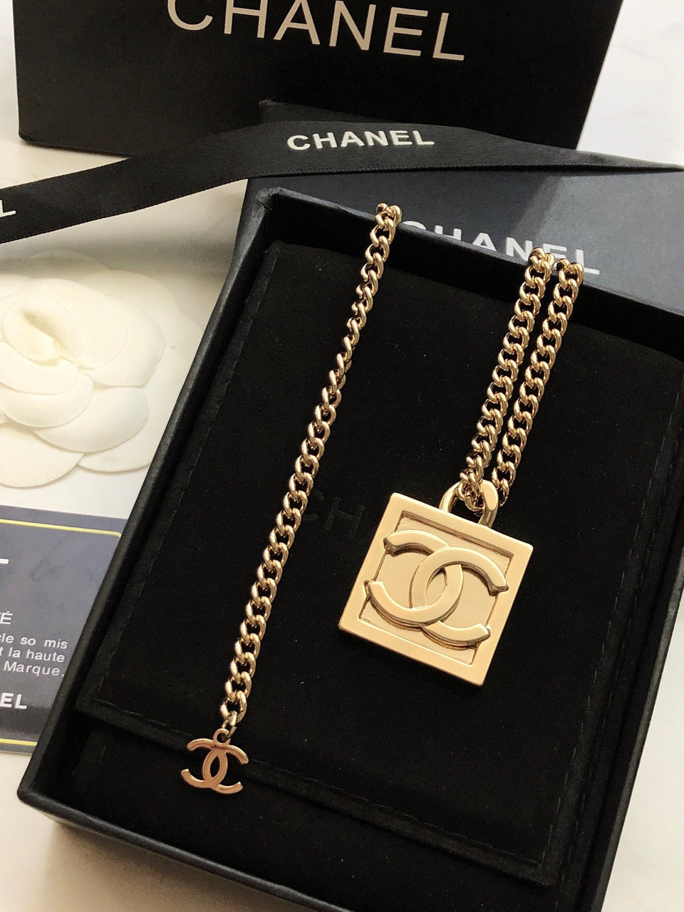 Chanel Square Logo 18K Gold Necklace