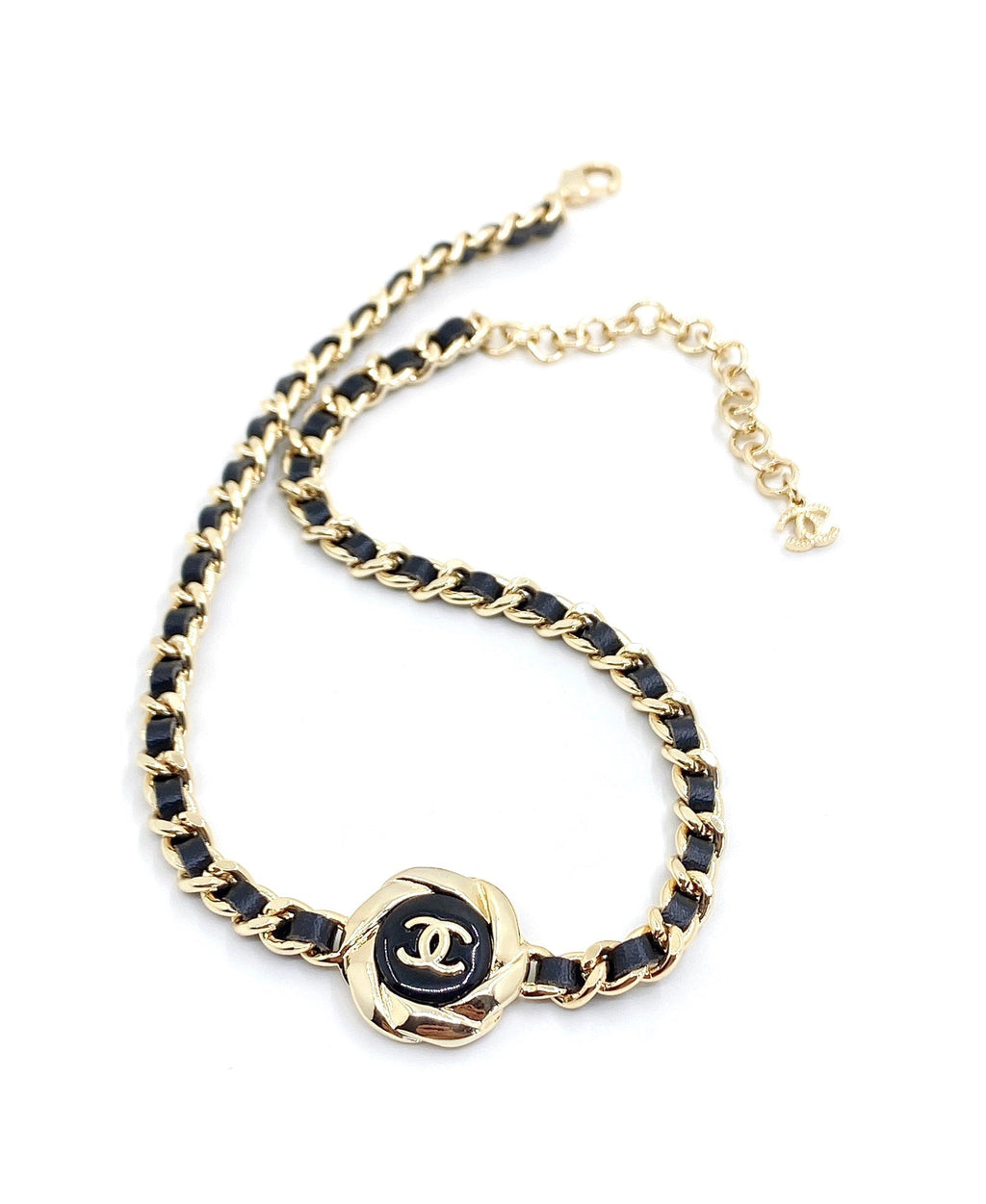 Chanel Rhinestone Leather Choker 18K Gold Necklace