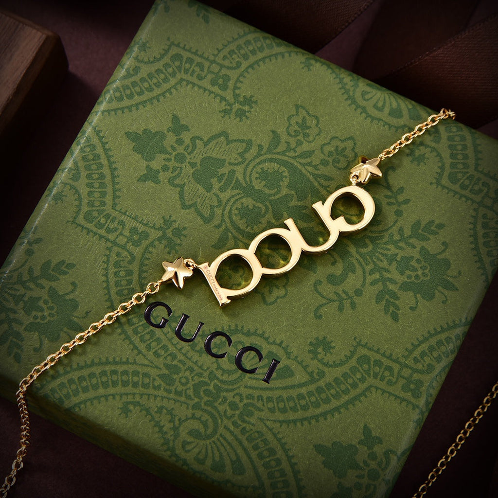 Gucci Double Embellished Script Letter 18K Gold Necklace