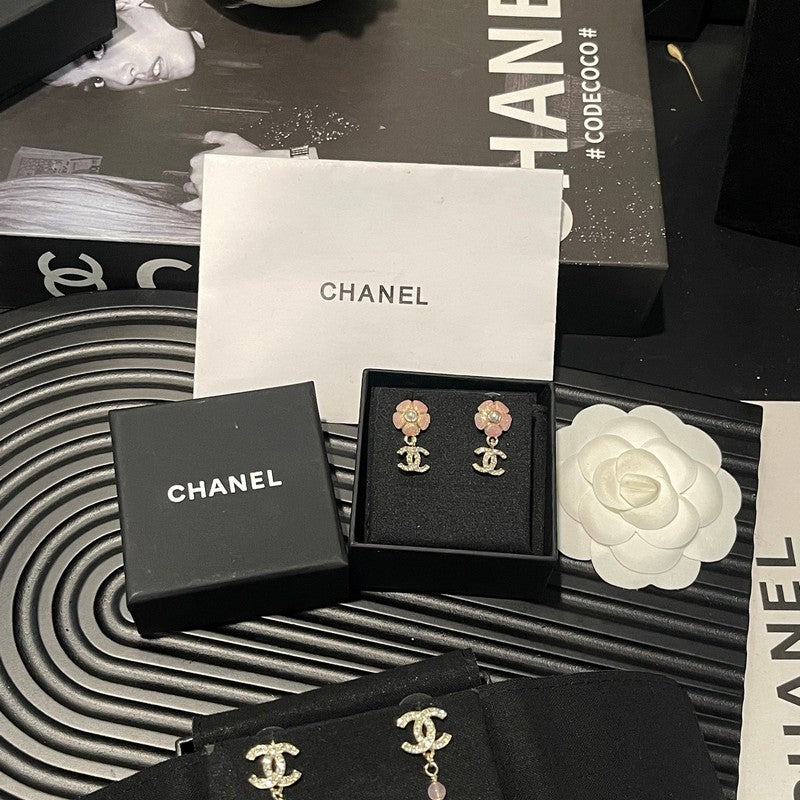Chanel 26C Pink Camellia Diamond 18K Gold Earrings