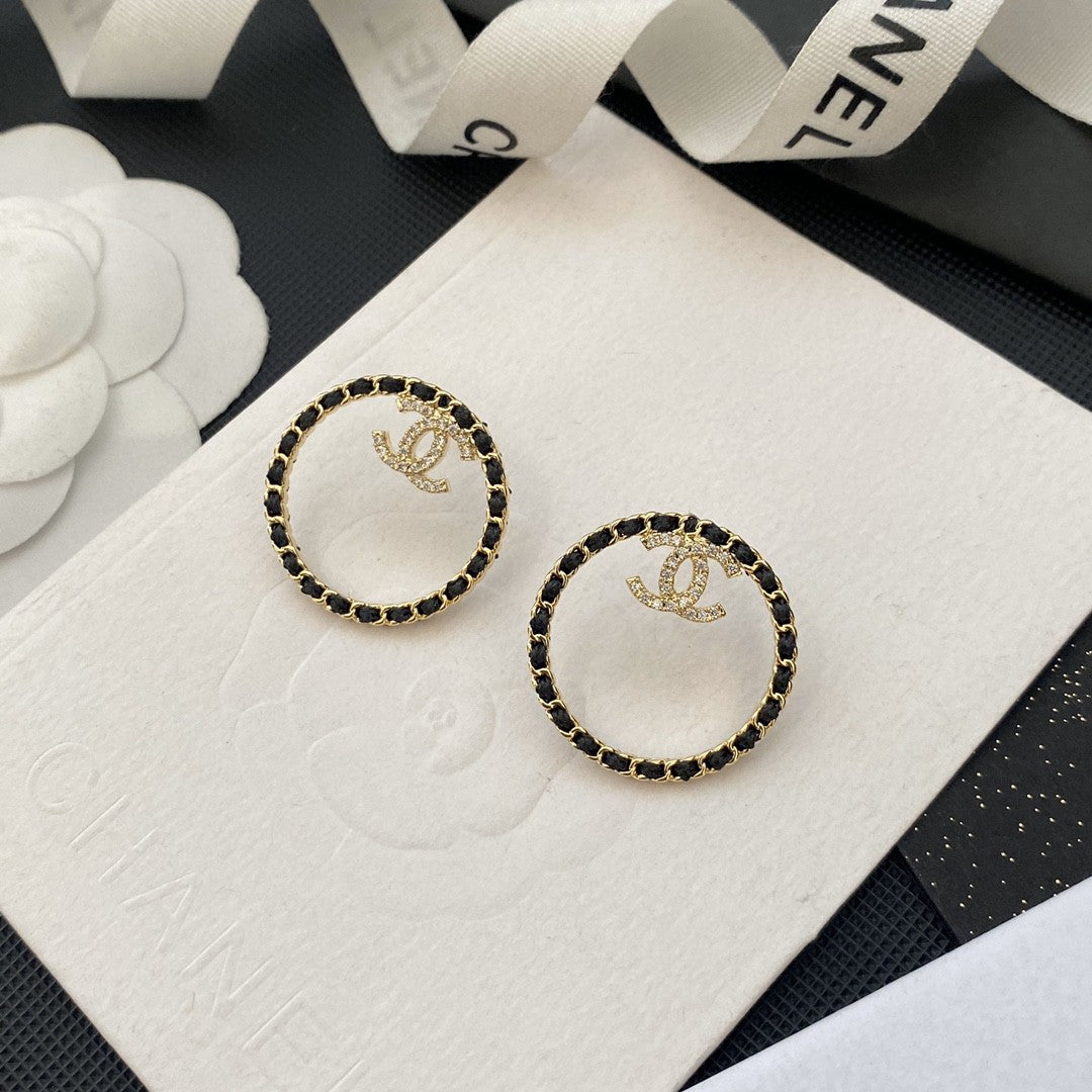 Chanel Black Leather Circle 18K Gold Earrings