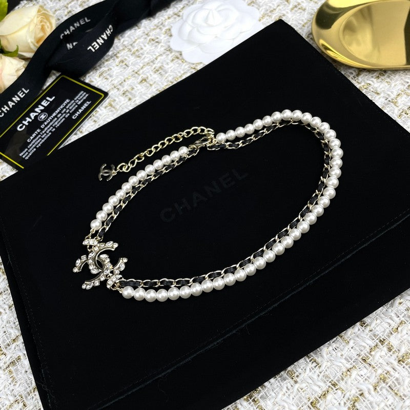 Chanel Pearl Chain Leather 18K Gold Necklace