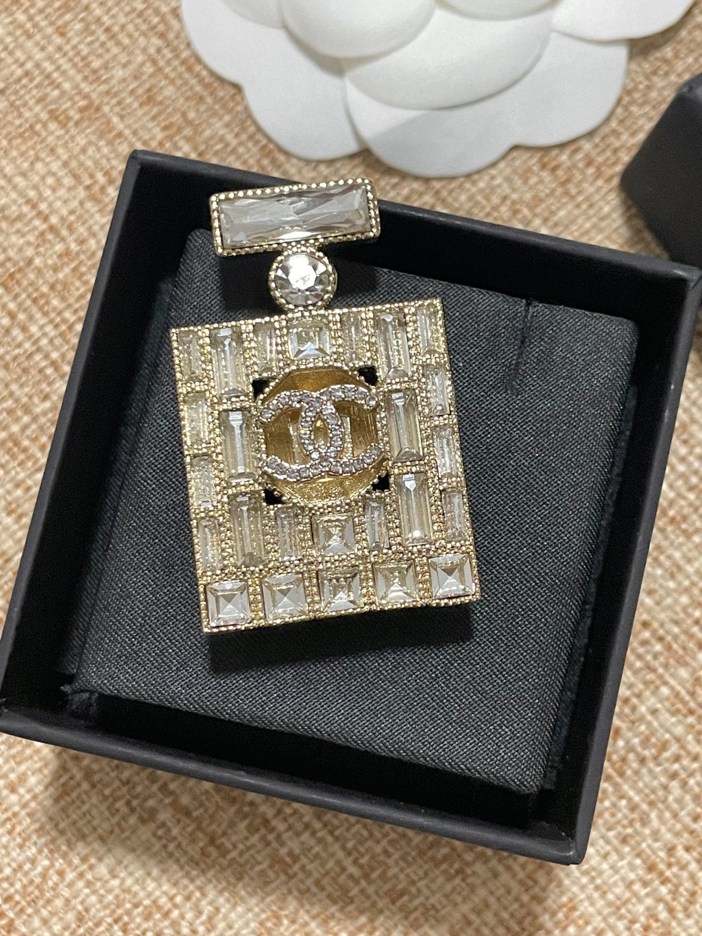 Chanel Perfume Bottle Crystals 18K Gold Brooch