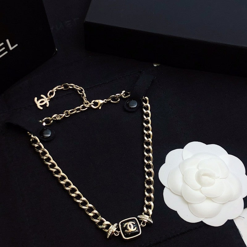 Chanel Black Logo Gold Chain 18K Gold Necklace