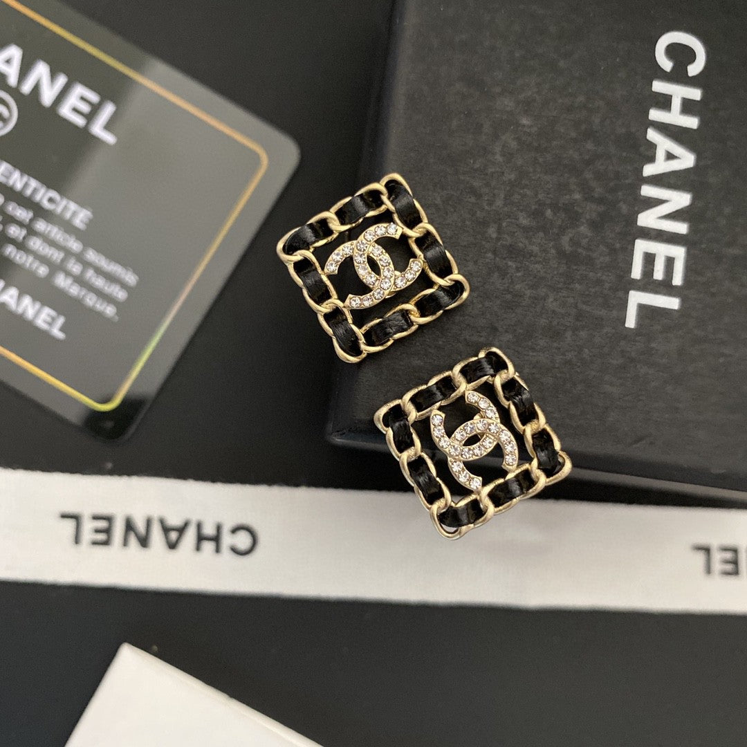 Chanel Square Leather 18K Gold Earrings