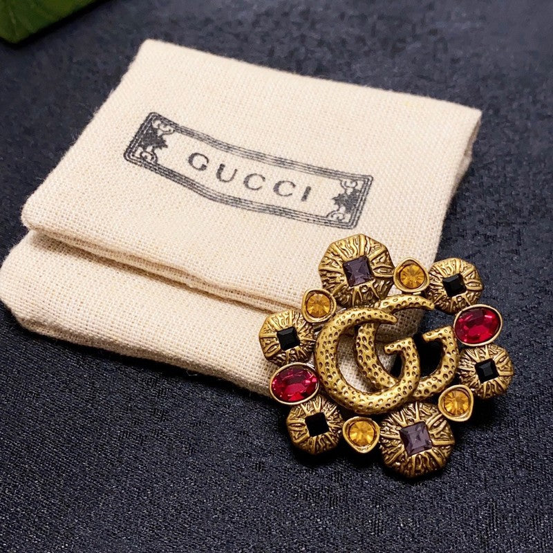 Gucci Double Flower Crystal 18K Gold Brooch