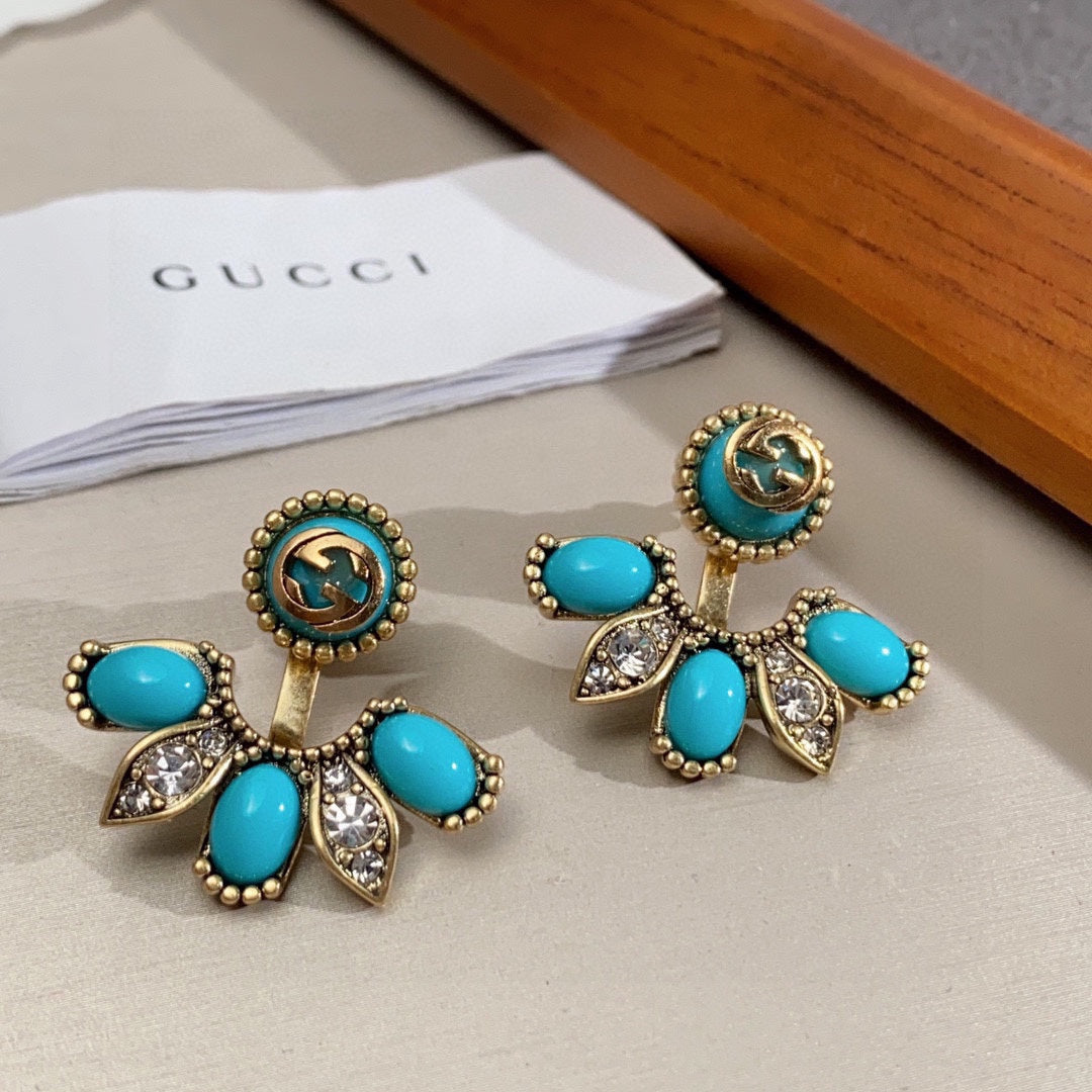 Gucci Double Blue Flowers 18K Gold Earrings