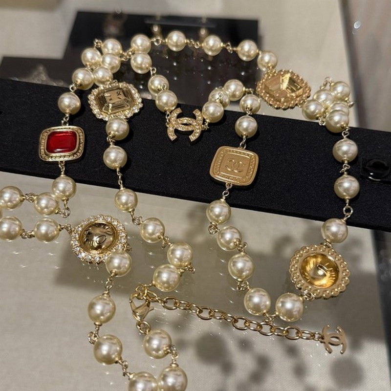 Chanel Long Pearl Red Crystals 18K Gold Necklace