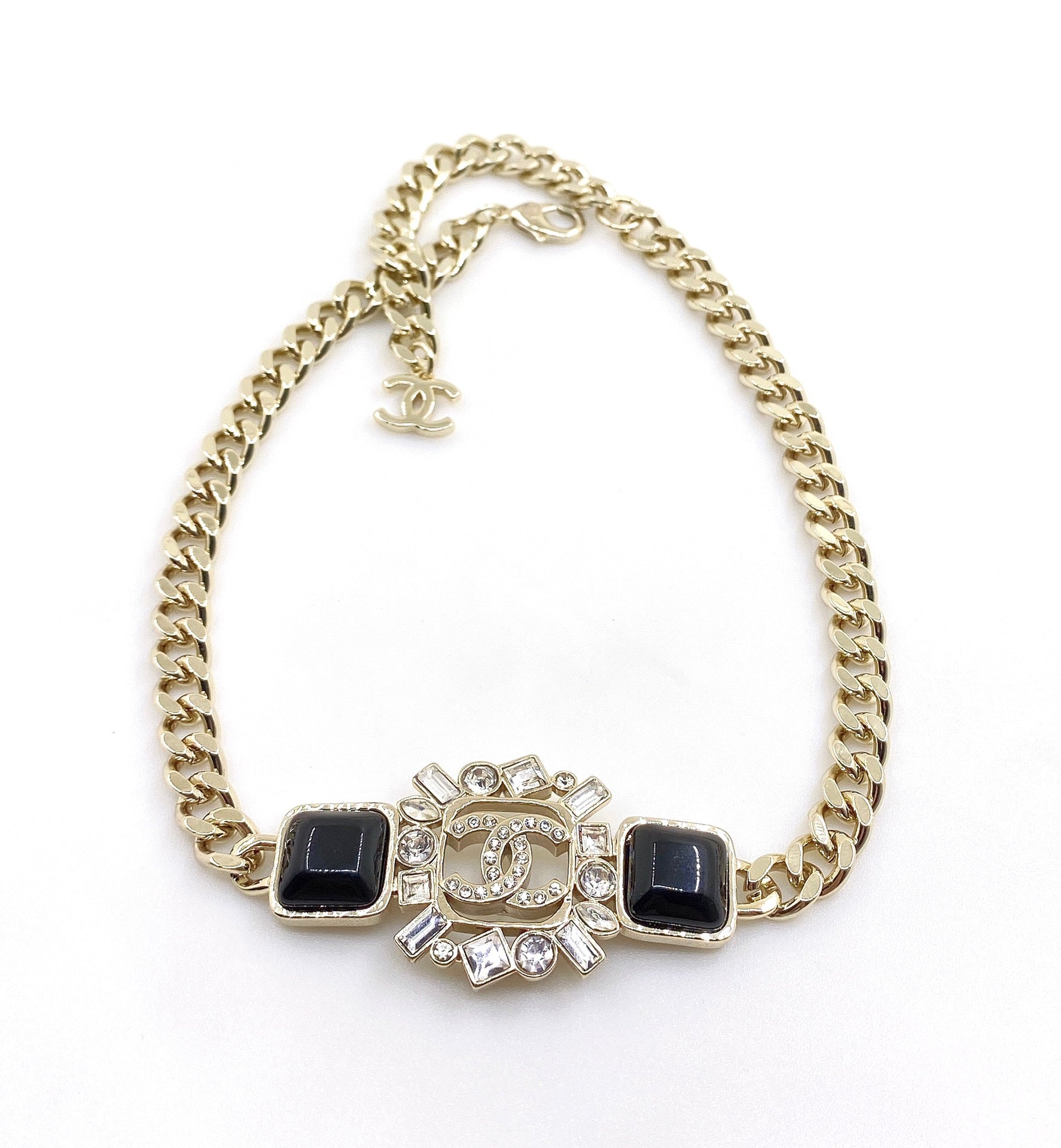 Chanel Black Crystals Chain 18K Gold Necklace