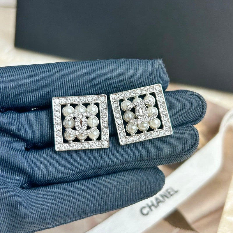 Chanel Diamond & Pearl Square 18K Gold Earrings
