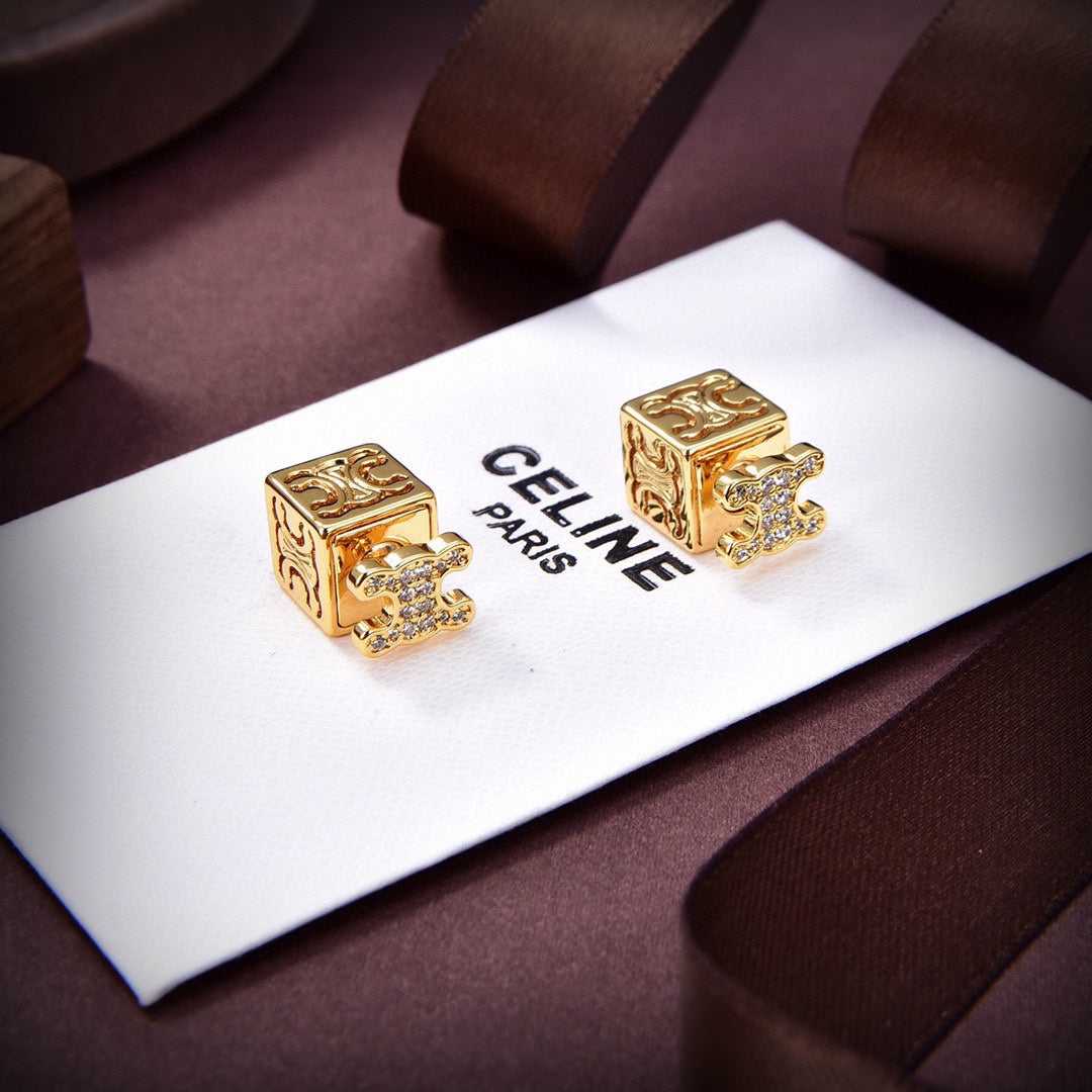 Celine Dice Pendant 18K Gold Earrings