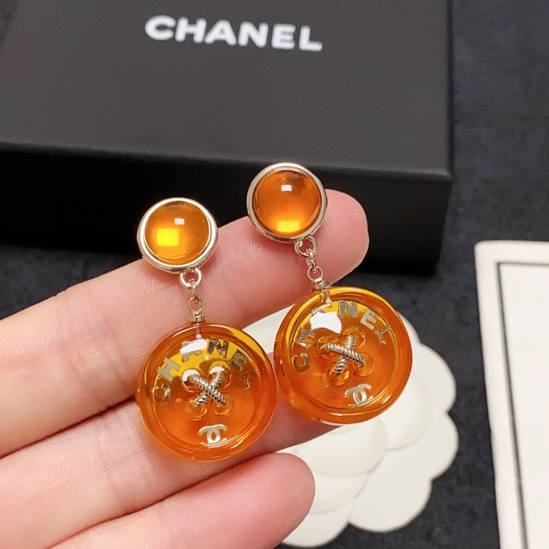 Chanel Orange Pendant 18K Gold Earrings