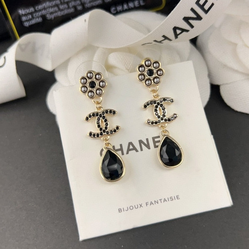 Chanel Black Crystals 18K Gold Earrings