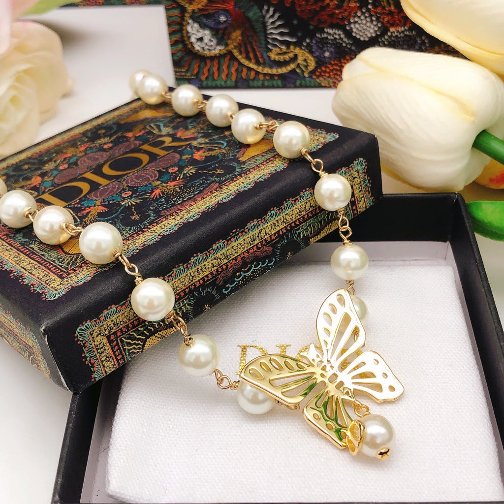 Dior Butterfly Pearl Chain 18K Gold Necklace