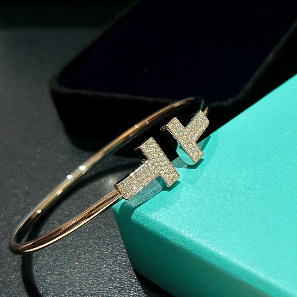 Tiffany Wide Diamond Wire 18K Gold Bracelet