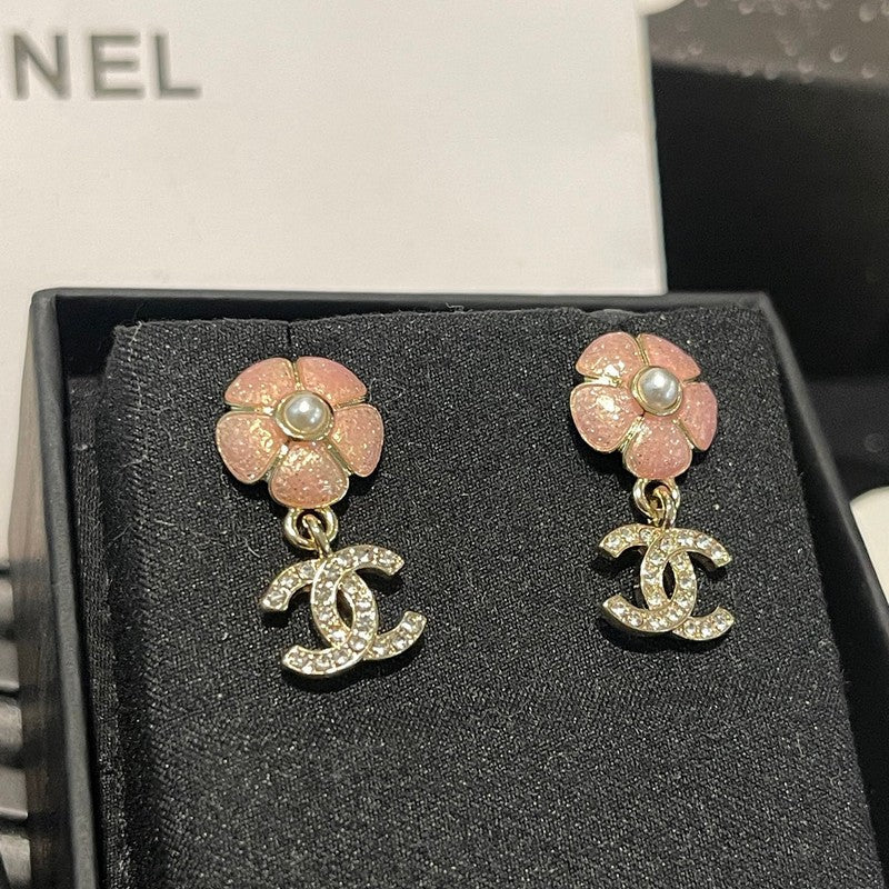 Chanel 26C Pink Camellia Diamond 18K Gold Earrings