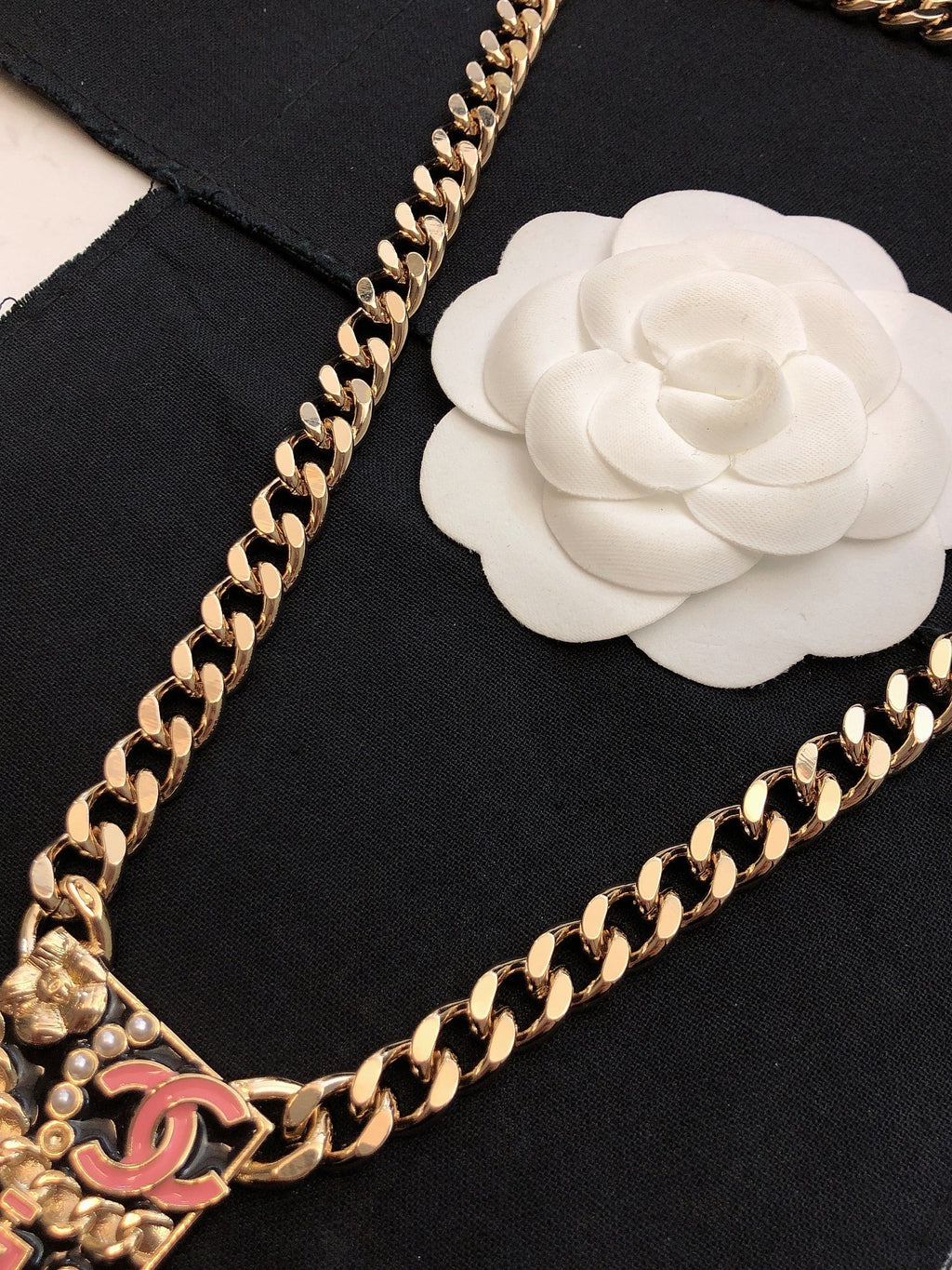 Chanel Pink Logo Chain 18K Gold Necklace